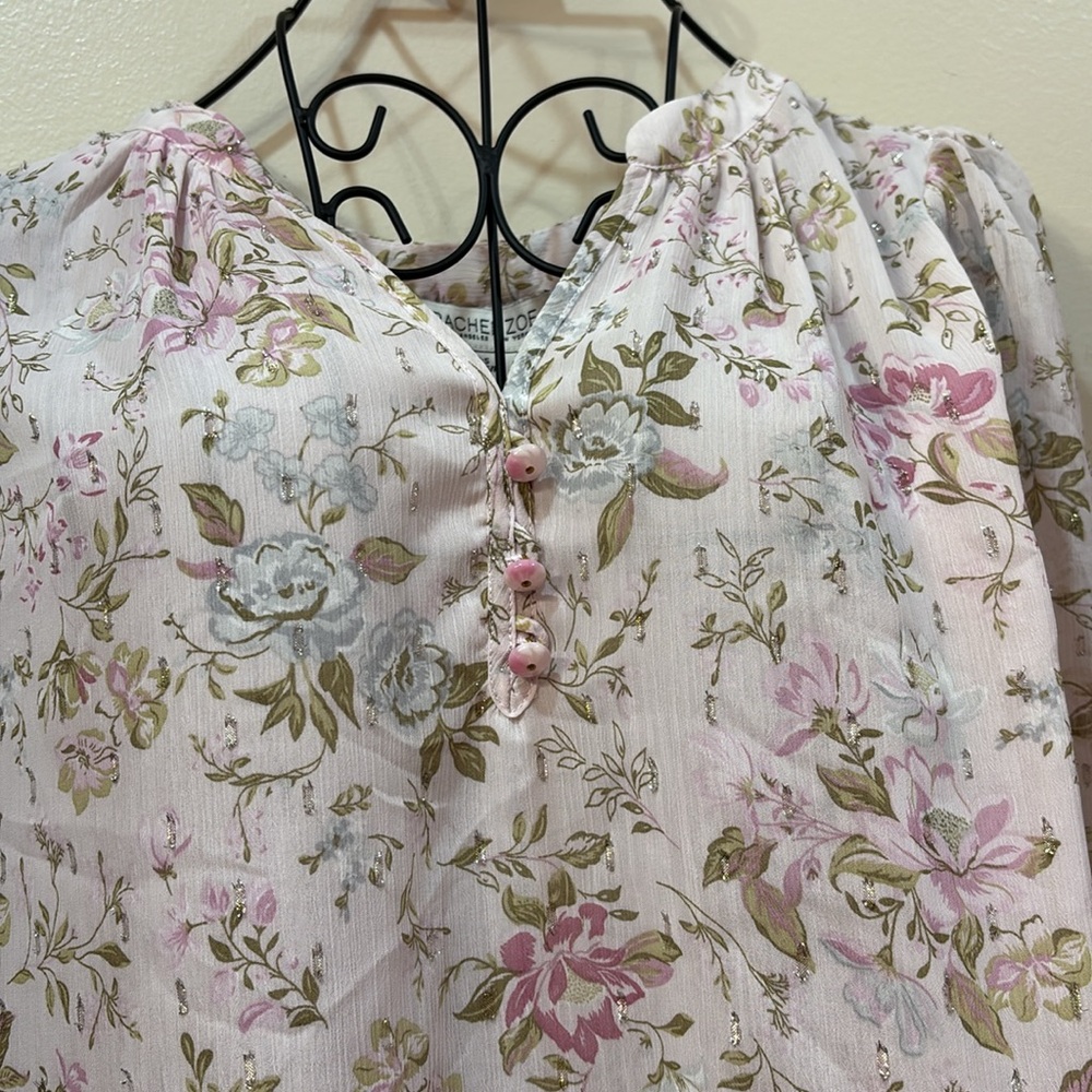Rachel Zoe VINTAGE Pink & Green Floral Blouse Sm Partial Button FREE SHIPPING - Picture 2 of 9
